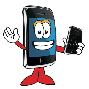 The reliable One Hour Device Repair services are embodied by a cheerful cartoon phone character holding up a cell phone.