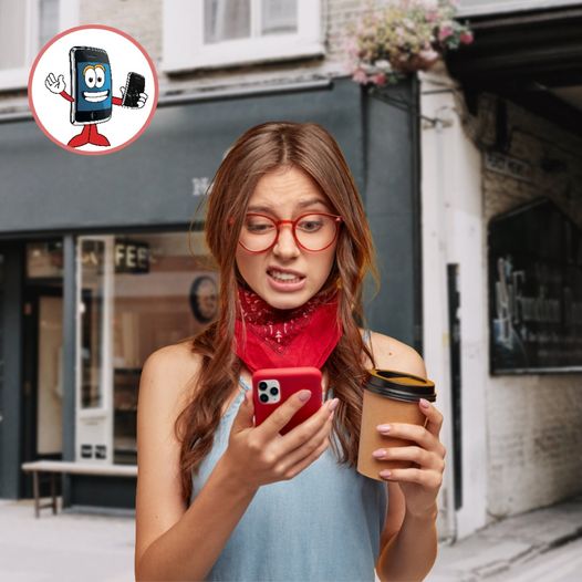 A woman wearing glasses sips coffee and holds a cell phone, promoting One Hour Device Repair services.