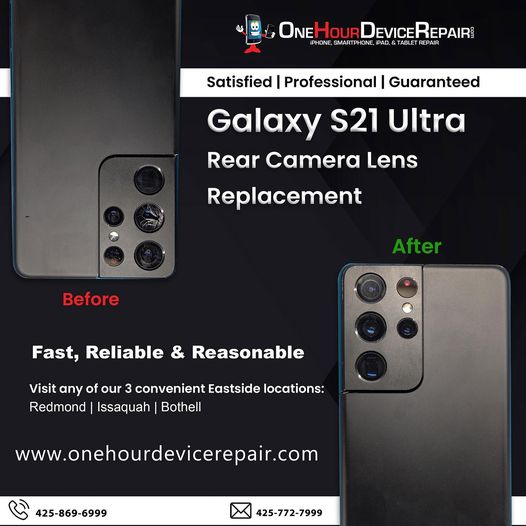 One Hour Device Repair provides professional lens replacement service for Galaxy S21 Ultra, ensuring optimal camera functionality.