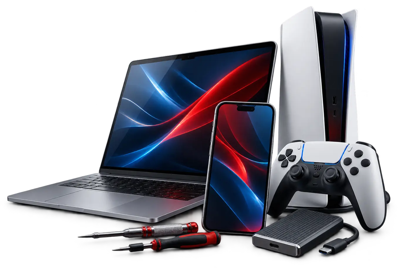 A laptop, phone, PlayStation 5 and SSD lit in red and blue