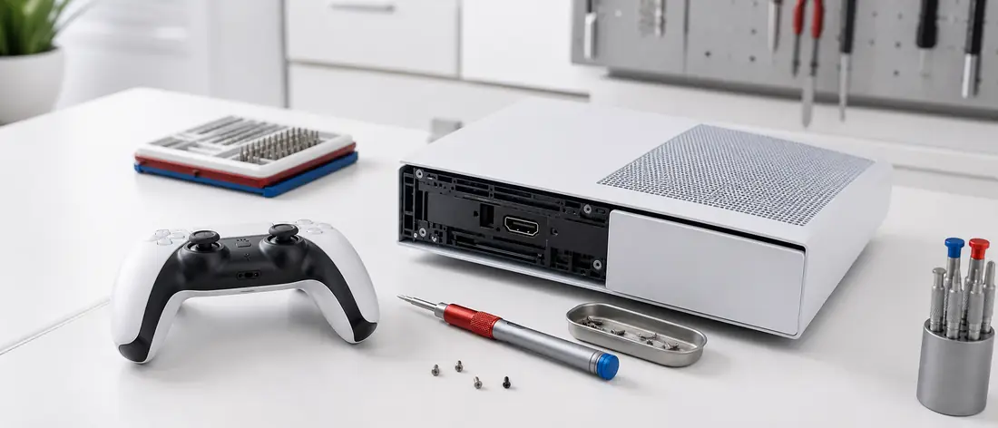 A game console opened for HDMI port repair