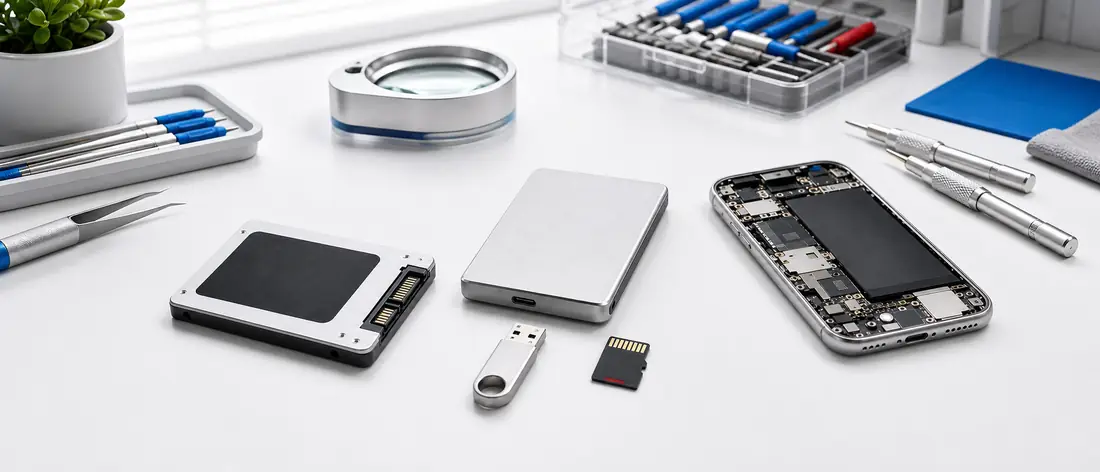 Drives and an opened phone prepared for data recovery