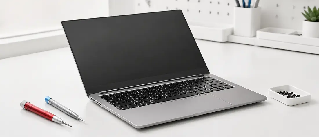 A laptop on the repair bench