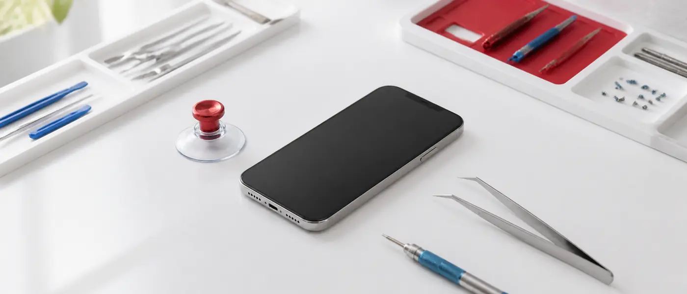 An iPhone on a clean repair bench with precision tools