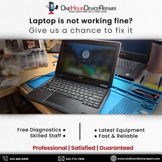 Laptop Repair Service Free Diagnostics Work with perfection Skilled staff A serene river backdrop for One Hour Device Repair's Mac repair ad with a laptop on a log. Laptop Repair Services