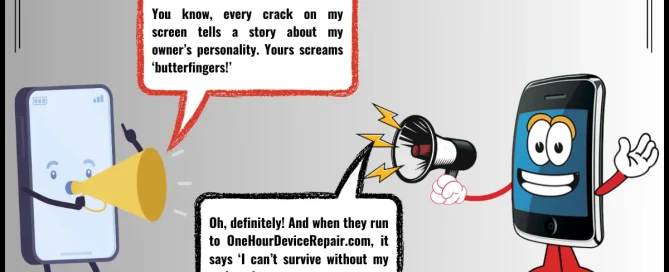 Cartoon smartphones talk about screen cracks and broken device repair service.