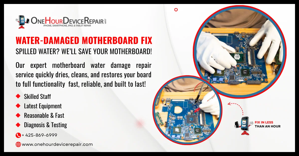 Water Damaged Motherboard Water-Damaged Motherboard Fix: Revive Your Device, Don’t Replace It! by One Hour Device Repair