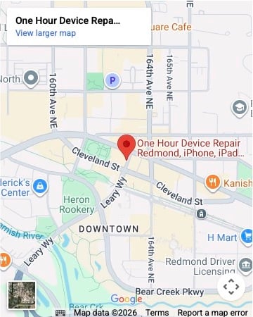 Redmond Location map of Redmond location of One Hour Device Repair.